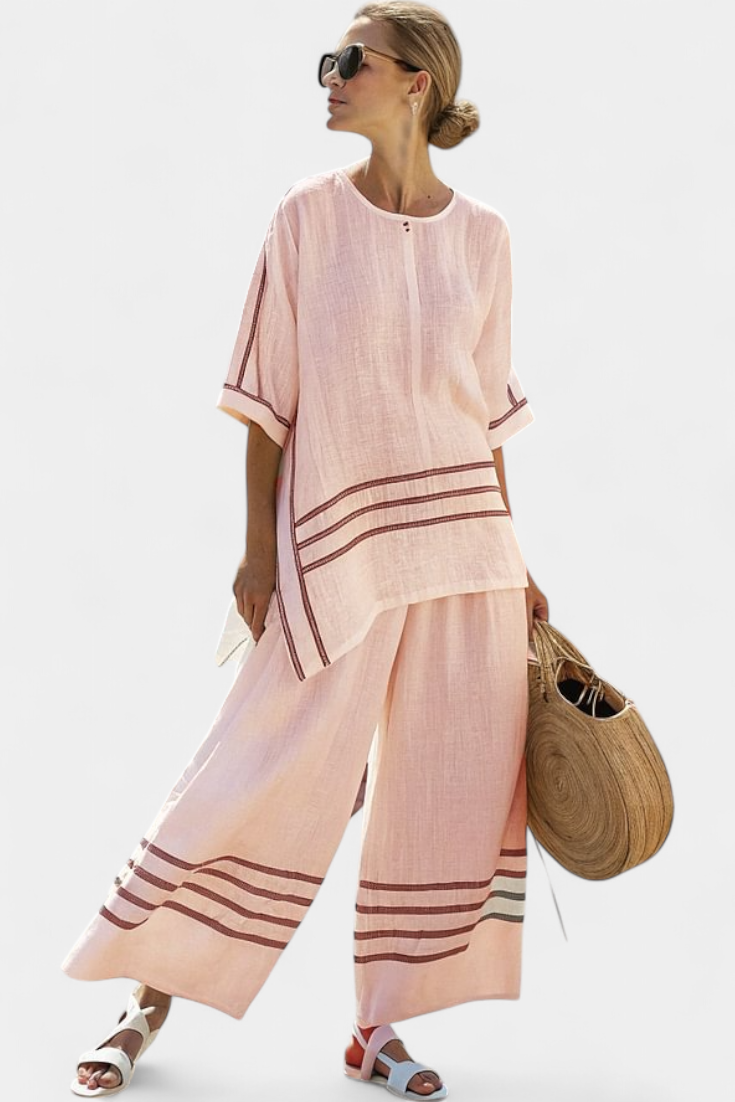 Striped Trim Short Sleeve Top and Wide Leg Pants Two Piece Set