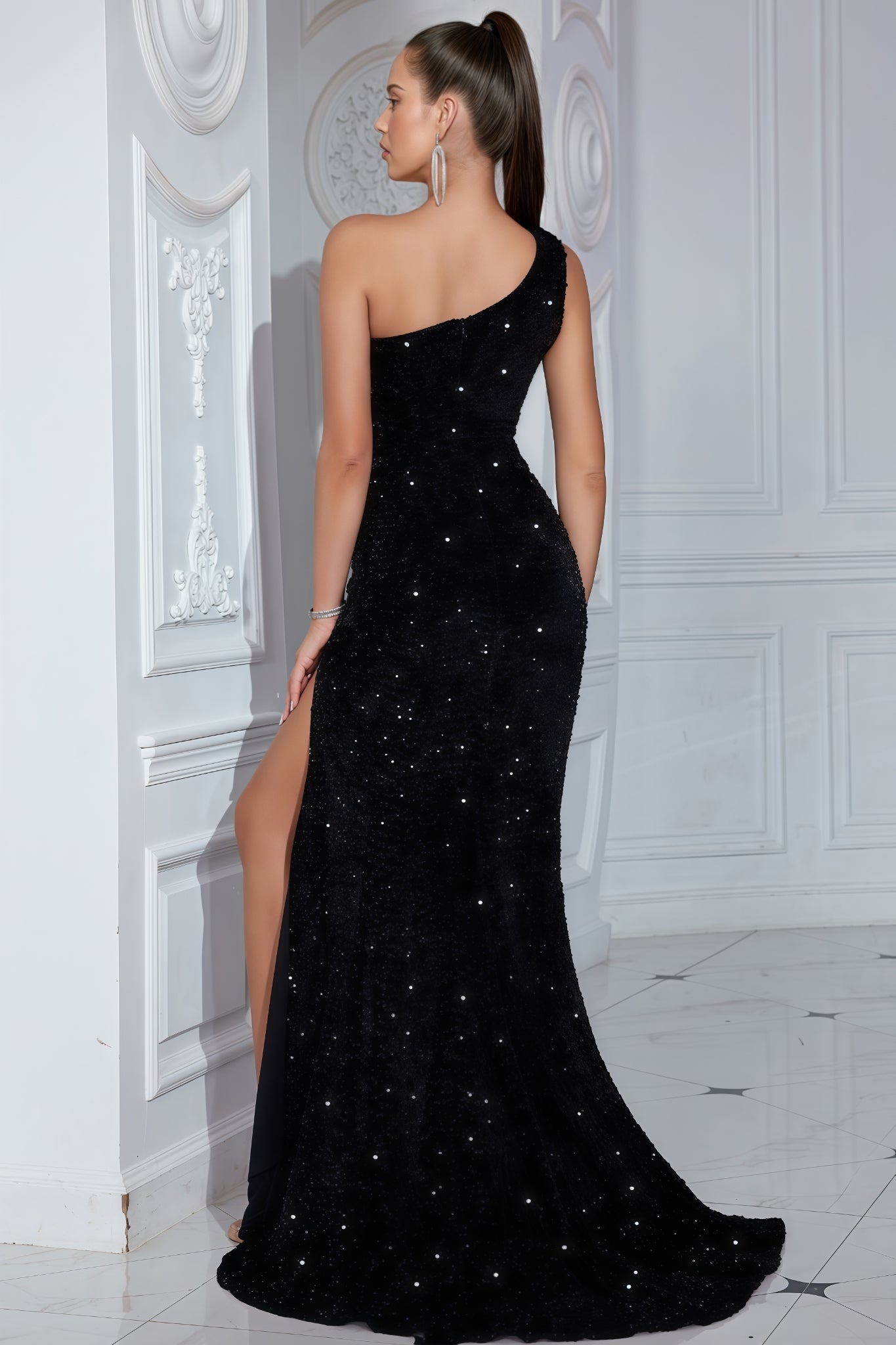 Paex Slant Shoulder Split Sequin Maxi Dress - View 6