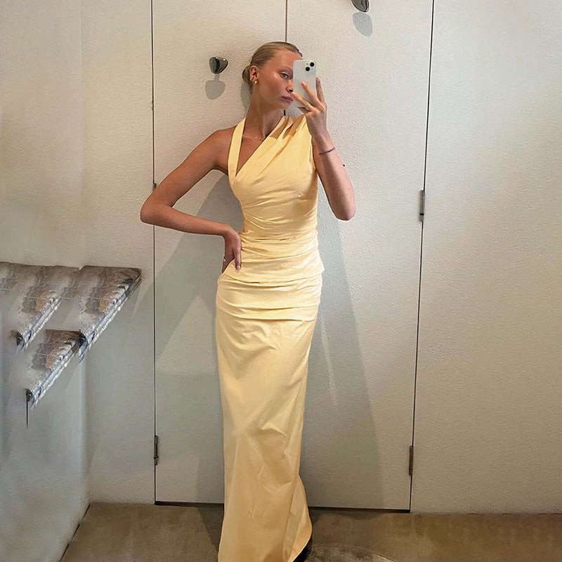 Crossbody Halter Full Hosting Summer Pleated Backless Dress