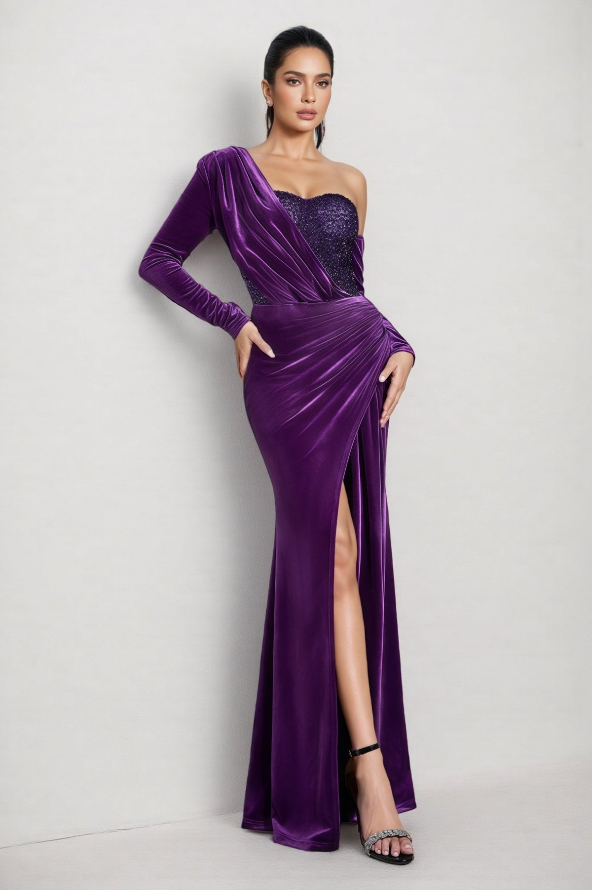 Velvet One Sleeve Draped Sequin Bodice High Split Maxi Gown 5