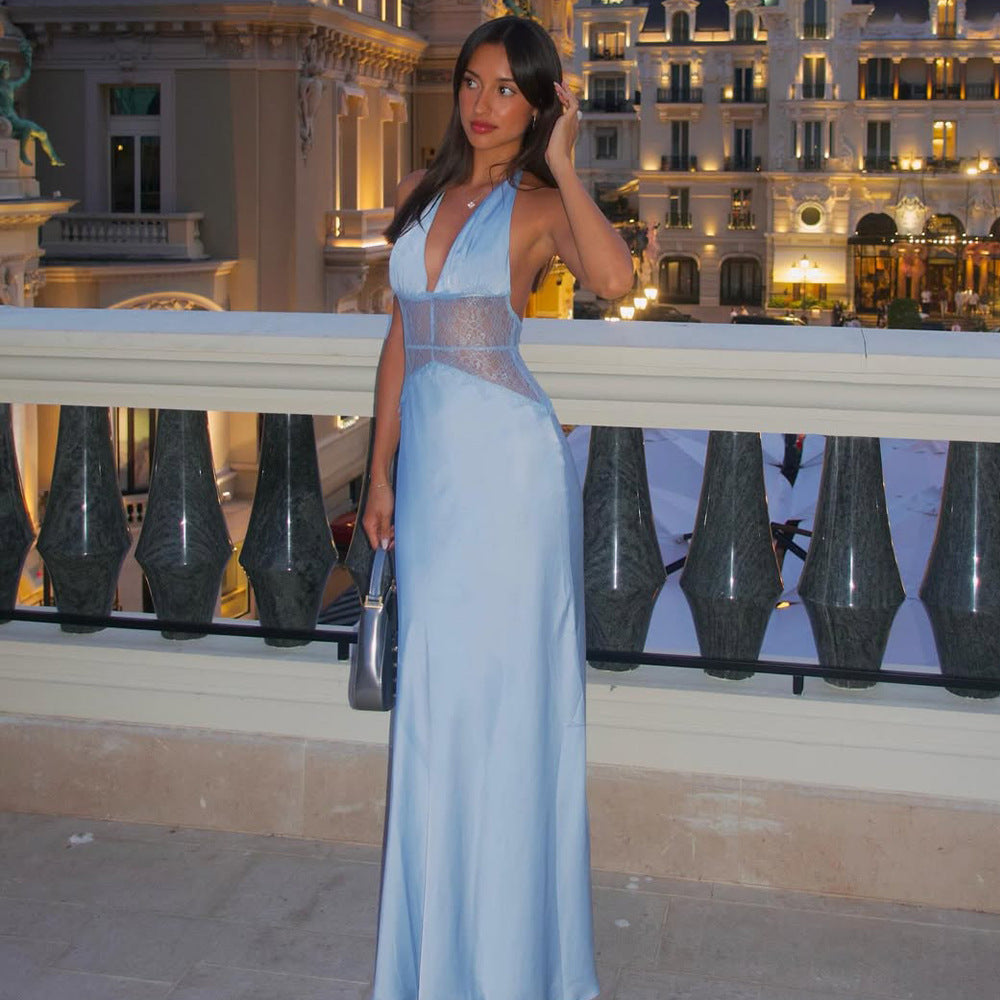 Dinner Elegant Lace - Paneled Halter Maxi Dress - View 3
