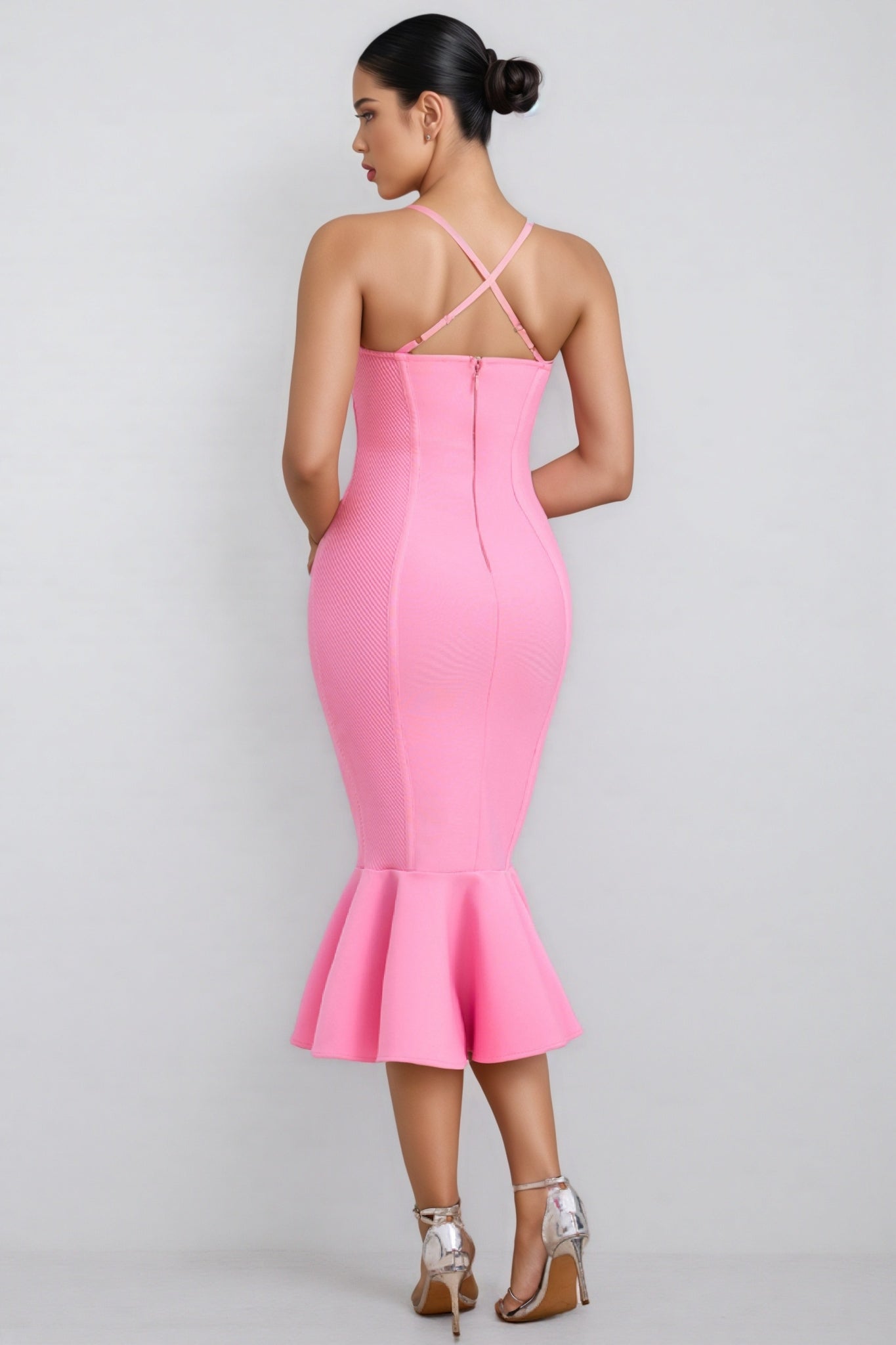 Spaghetti Strap Sweetheart Bandage Mermaid Fishtail Ruffle Midi Dress - View 6