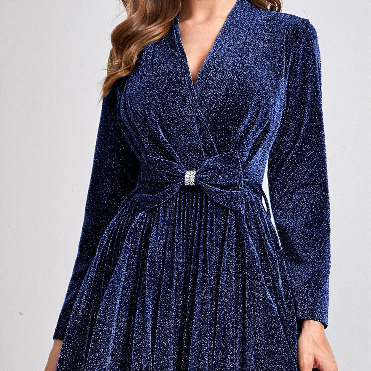 Glitter V-Neck Long Sleeve Pleated Maxi Gown