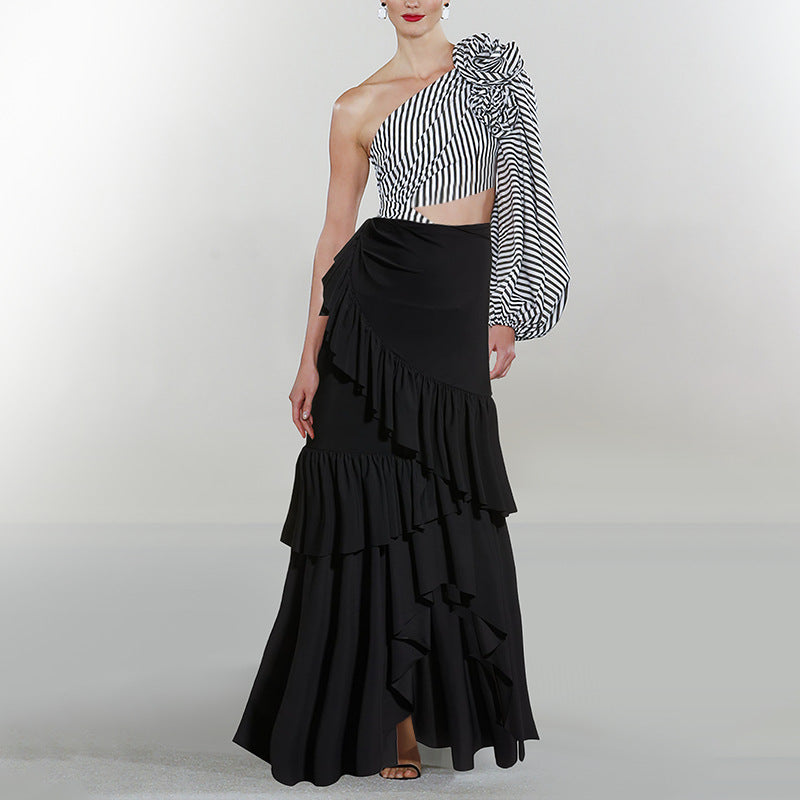 Nyoka One Shoulder Full Sleeve Swimsuit Set - Black