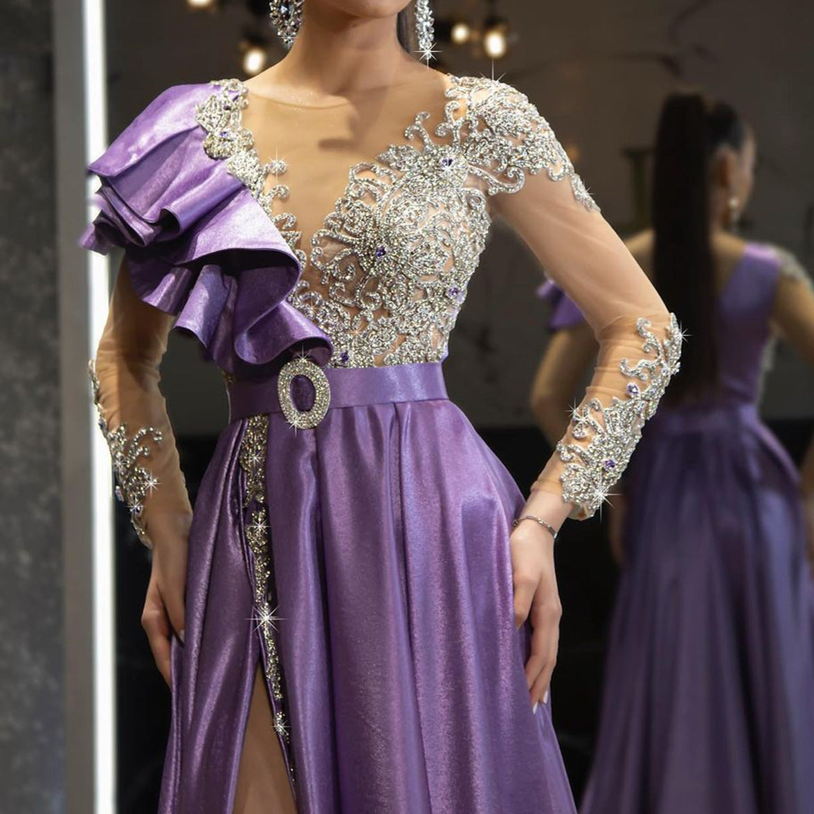 One Shoulder Ruffle Mesh Floral Embroidery Belted High Split Maxi Gown