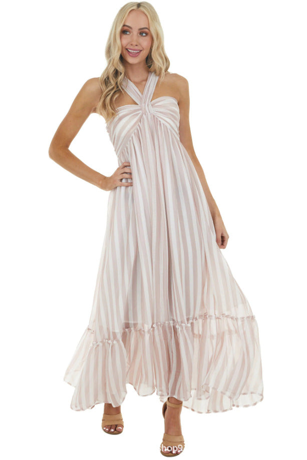 Evelyn Striped Halter Maxi Dress Blush Multi