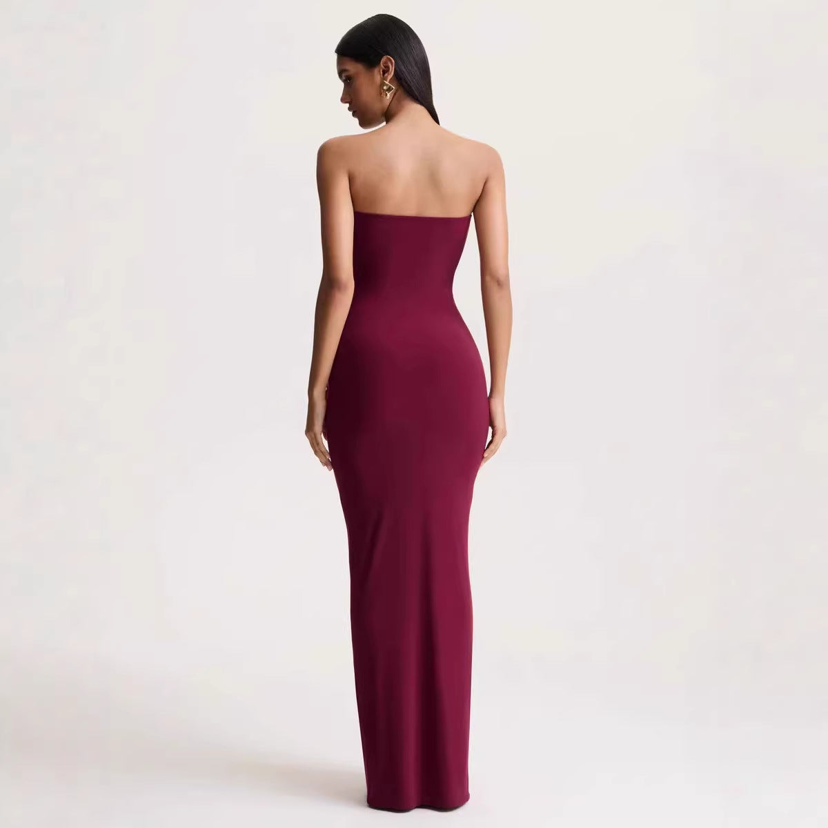 Strapless Sweetheart Ruched Draped Front Maxi Gown with Gold Hardware 2