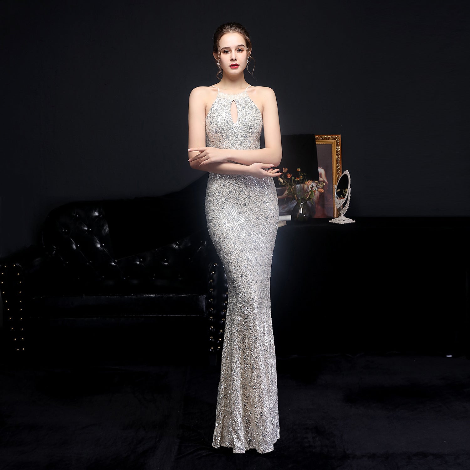 Halter Neck Keyhole Beaded Sequin Mermaid Gown