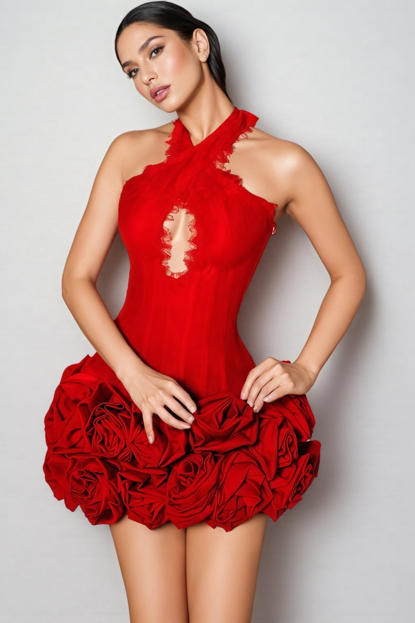Lace Halter Neck Cut Out 3D Rose Applique Mini Dress