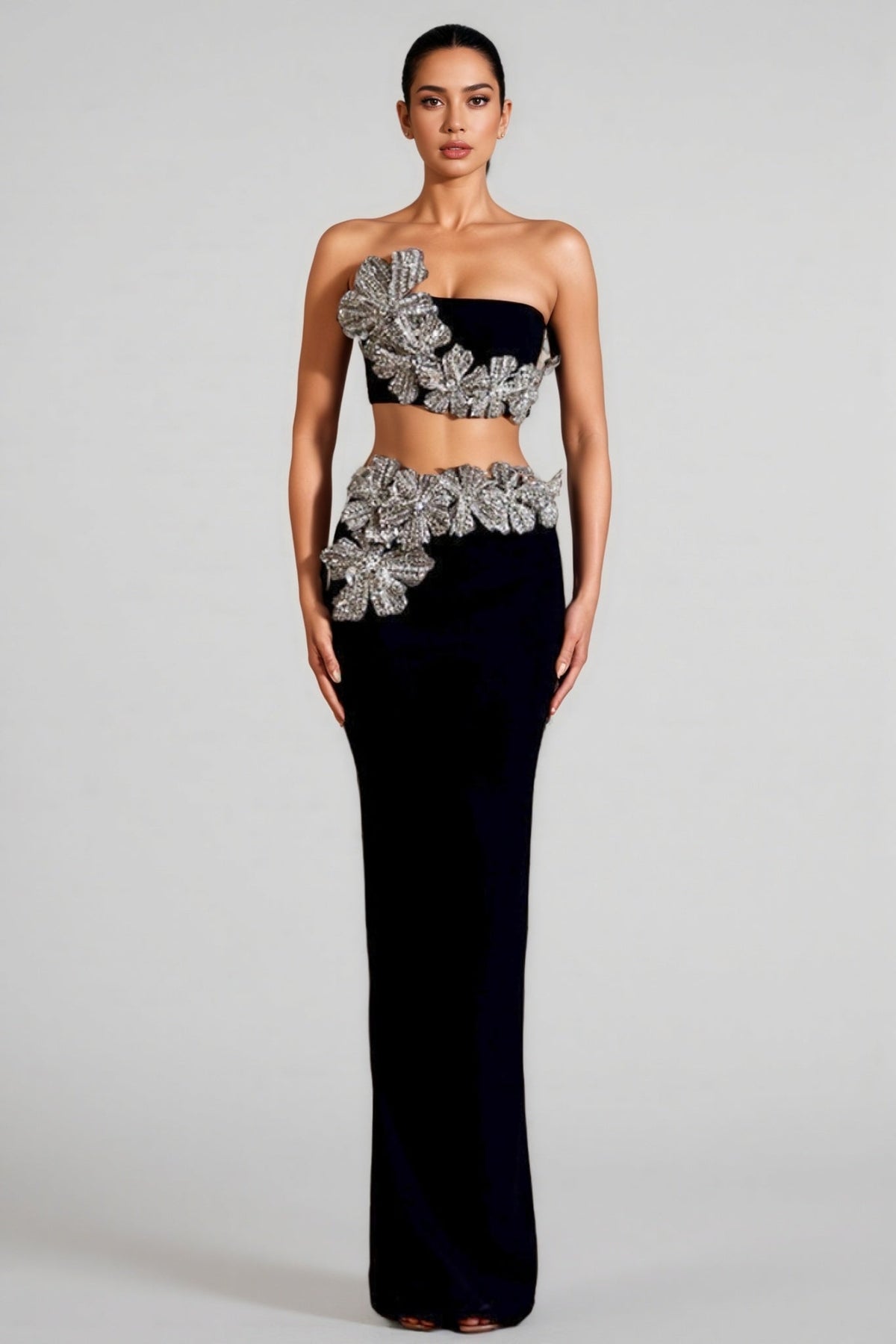 Rhinestone Flower Applique Strapless Crop Top and Maxi Skirt Two Piece Set