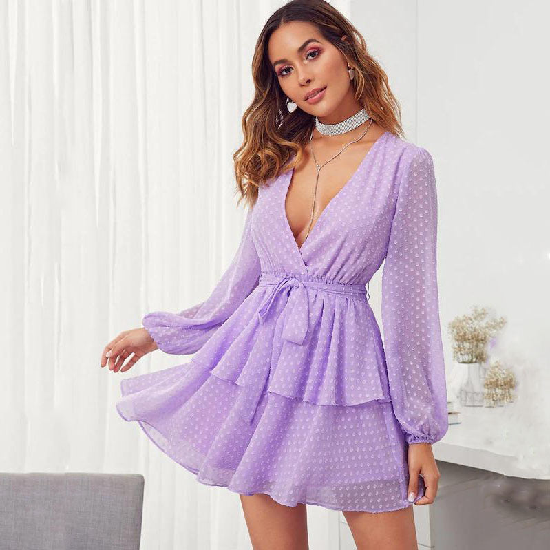 Swiss Dot Deep V-Neck Long Sleeve Belted Tiered Ruffle Mini Dress