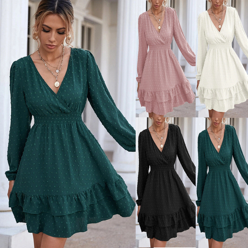 Swiss Dot Surplice V-Neck Long Sleeve Shirred Waist Tiered Ruffle Mini Dress 5