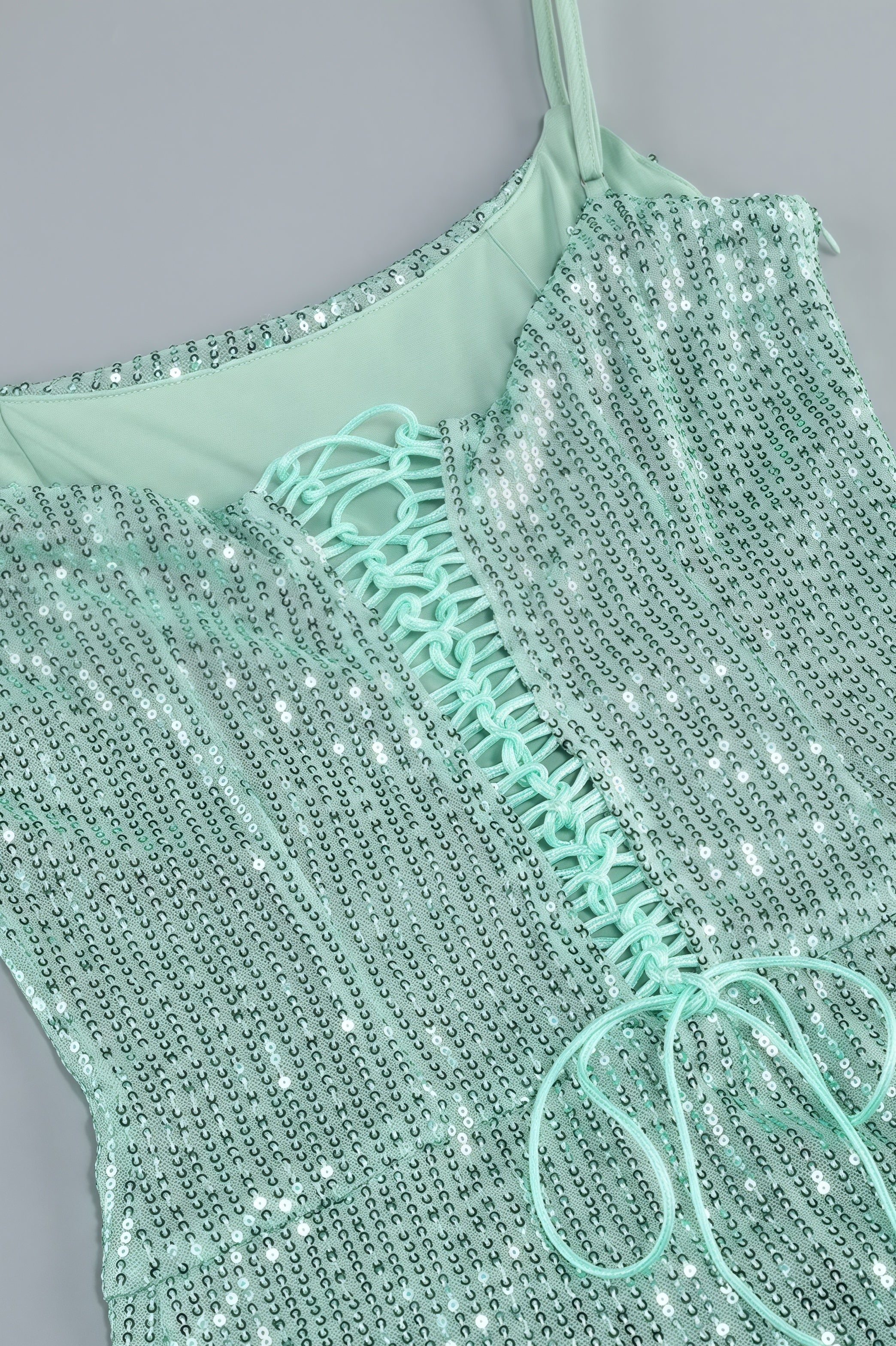 Sequin Spaghetti Strap Twist Front High Split Mermaid Gown