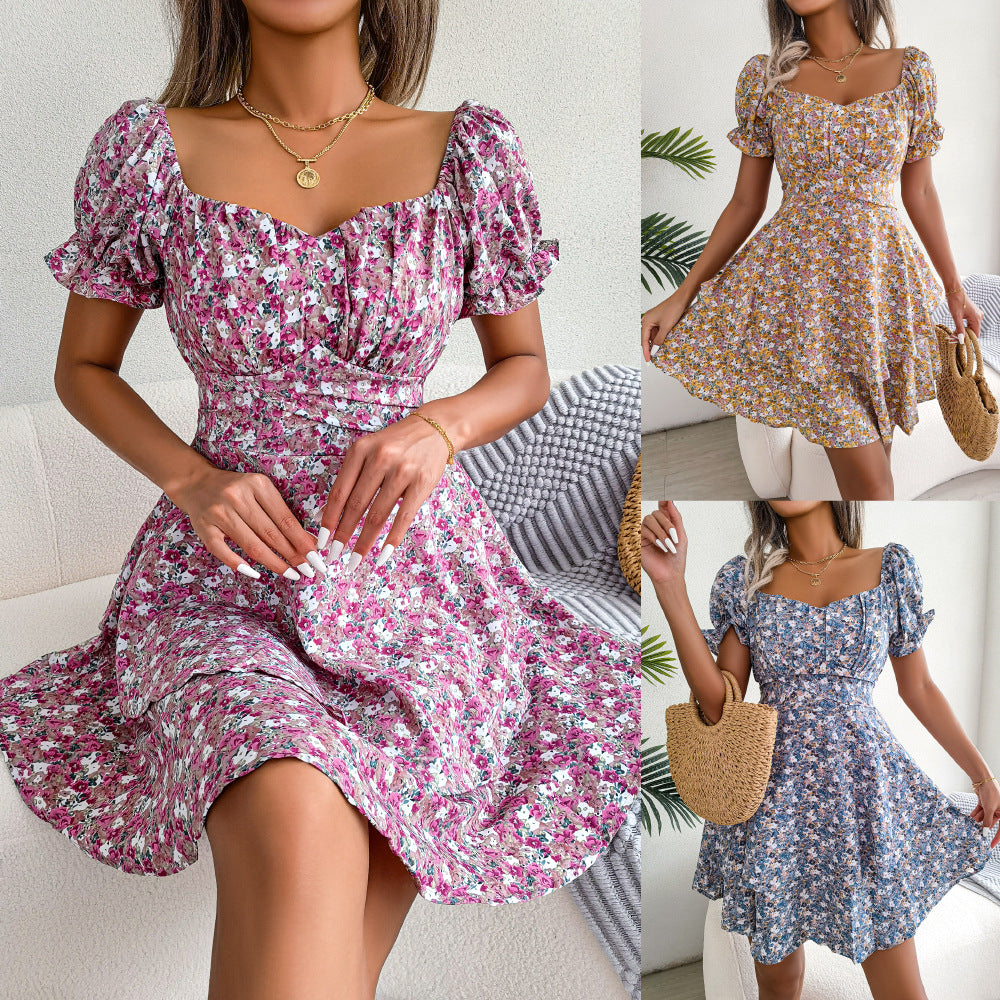 Floral Sweetheart Neck Puff Sleeve Wrap Waist A-Line Mini Dress 5