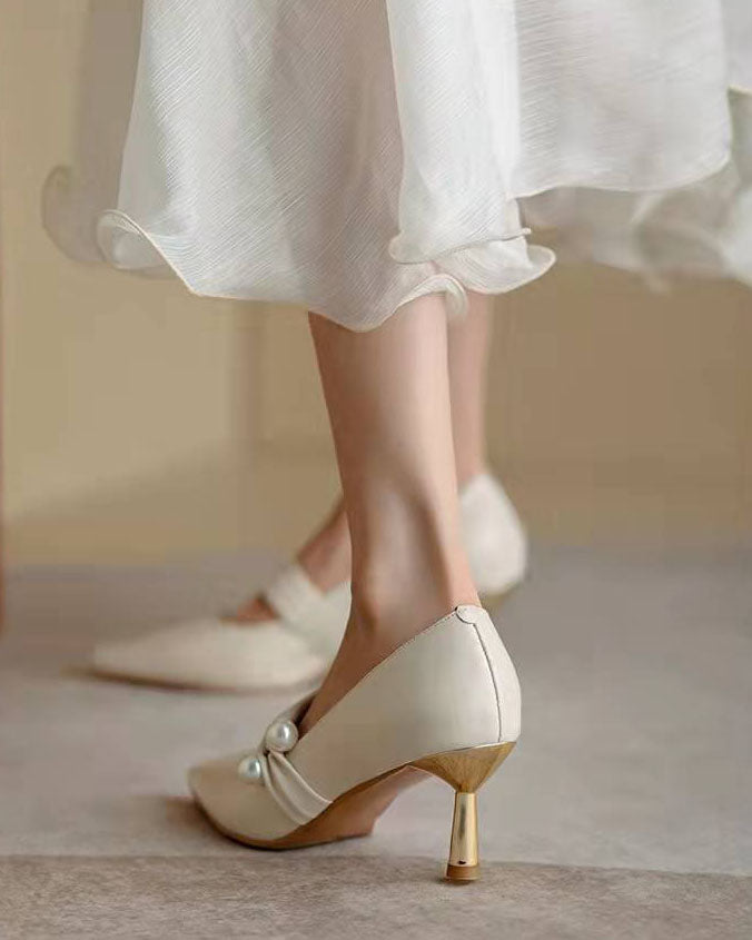 Elegant Pearl-Adorned Thin High Heel Pointed-toe Pumps