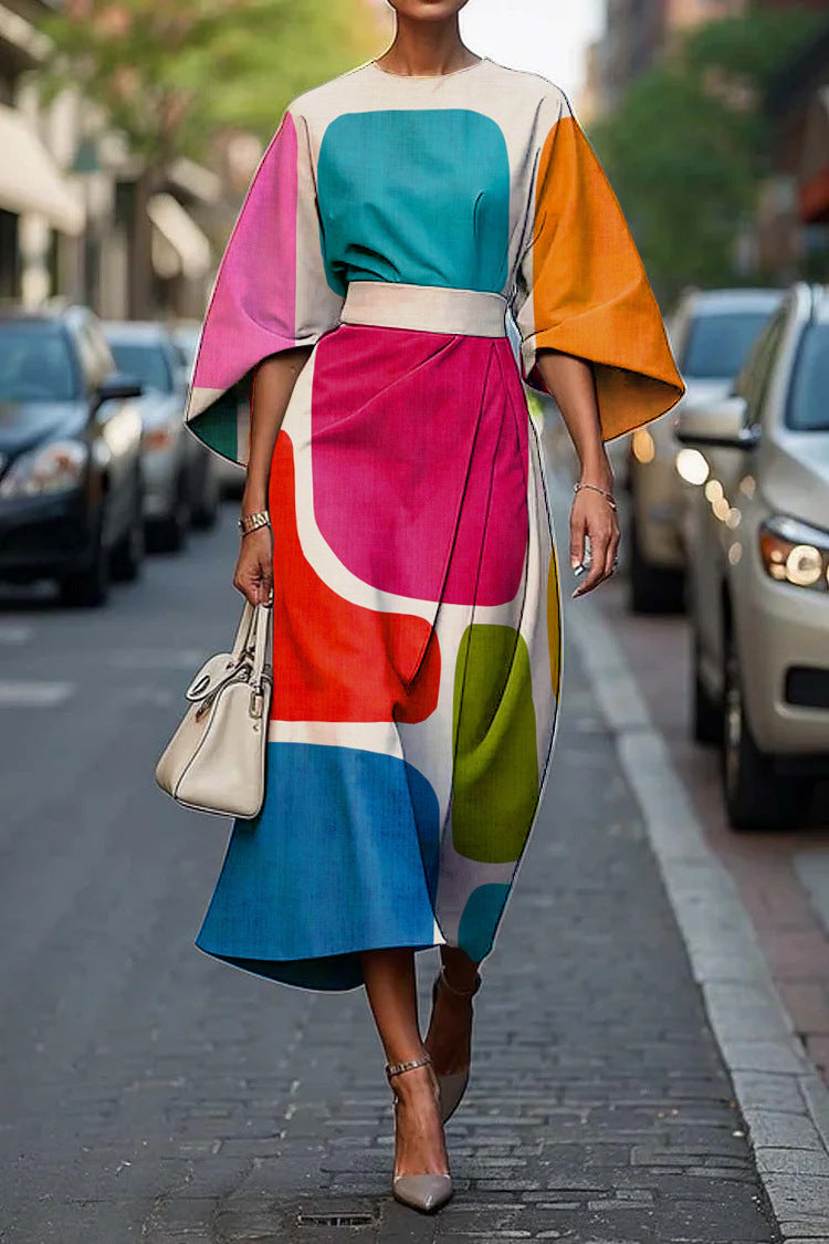 Zoraida - Stylish Batwing Sleeve Long Dress Multicolor