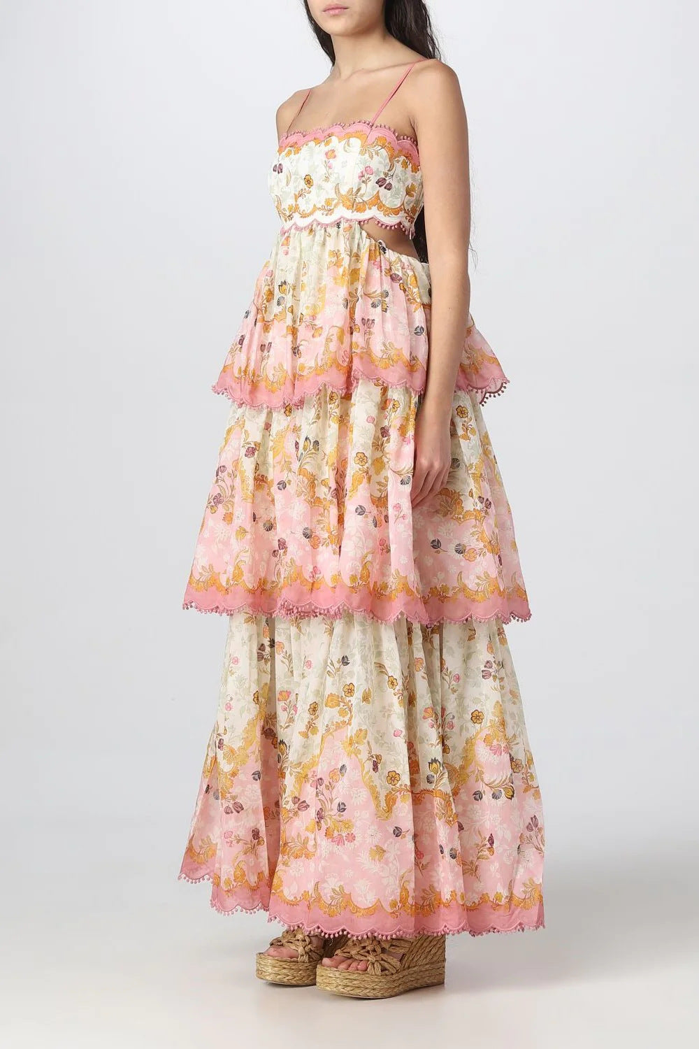 Floral Spaghetti Strap Scalloped Cut Out Tiered Midi Dress