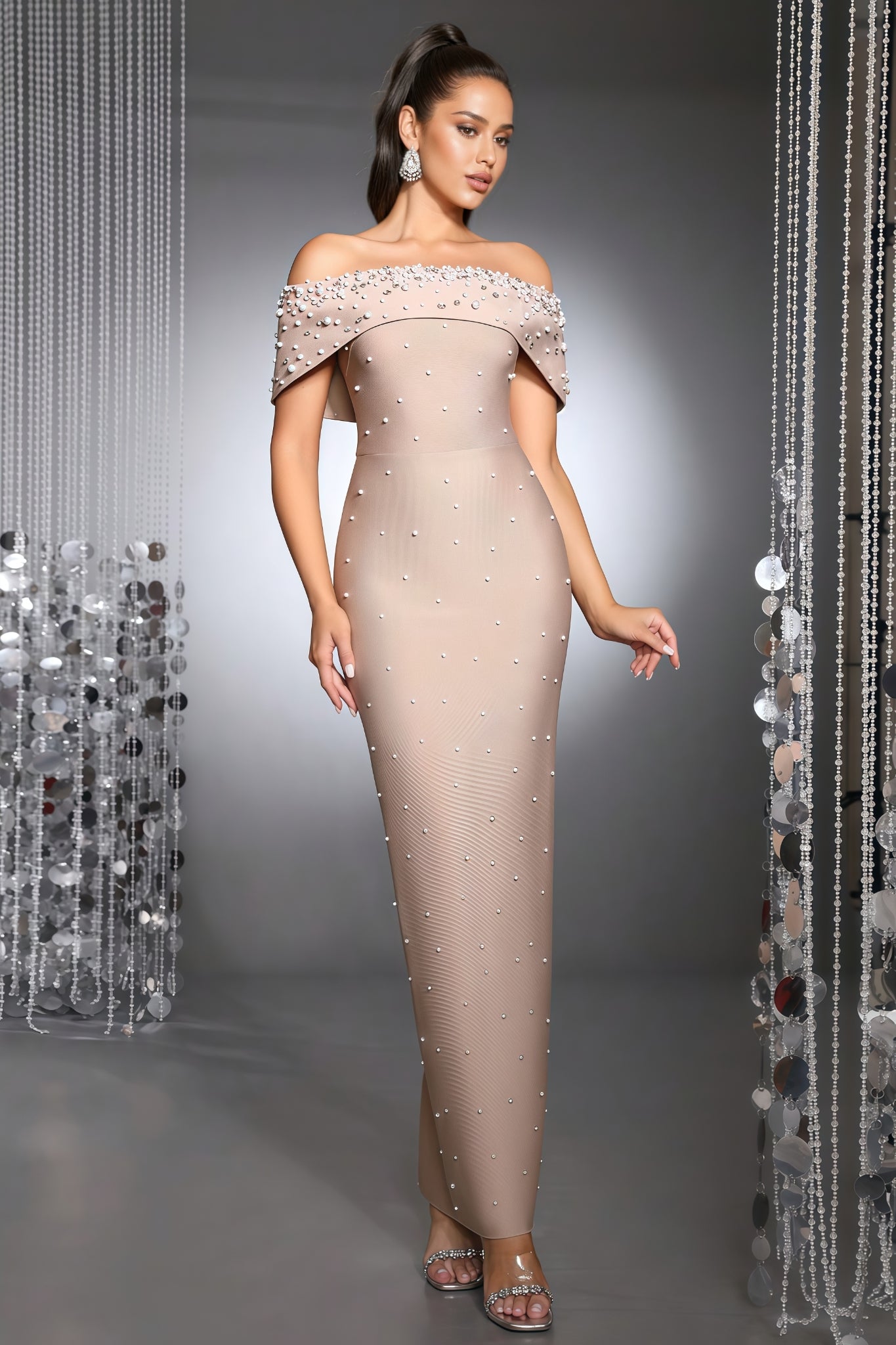 Pearl Beaded Off Shoulder Bandage Maxi Gown
