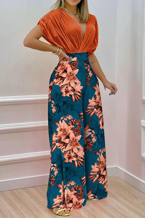V Neck Bat Blouse Print Wide Leg Pants Set