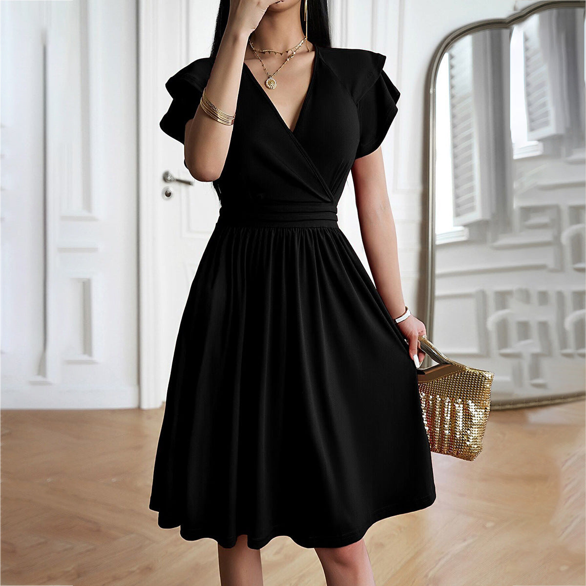 V-Neck Flutter Sleeve Wrap Pleated Waistband Fit and Flare Midi Dress