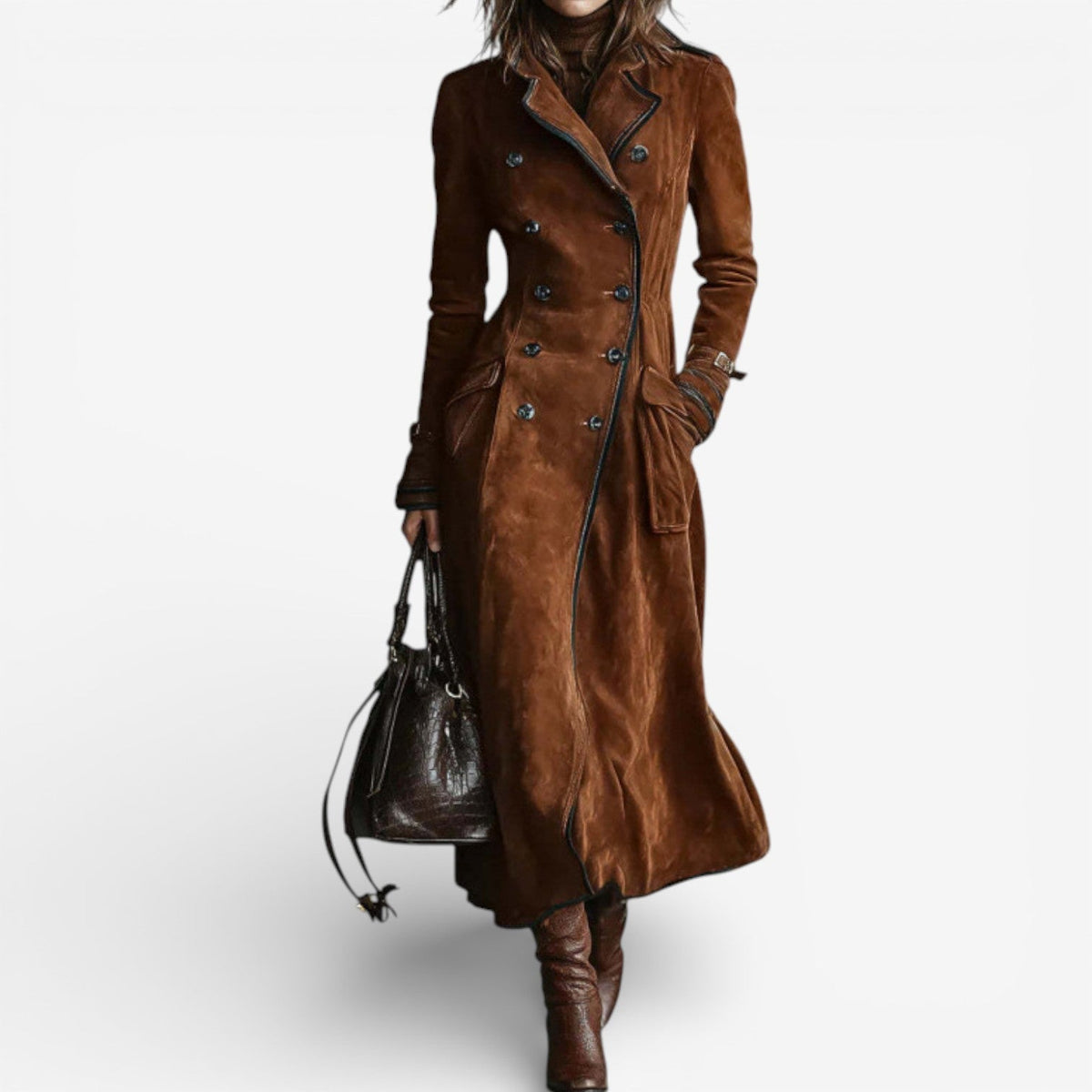 Double Breasted Suede Look Longline Trench Coat