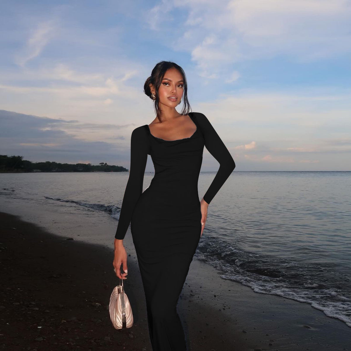 Long Sleeve Scoop Back Backless Bow Back Bodycon Maxi Dress 4