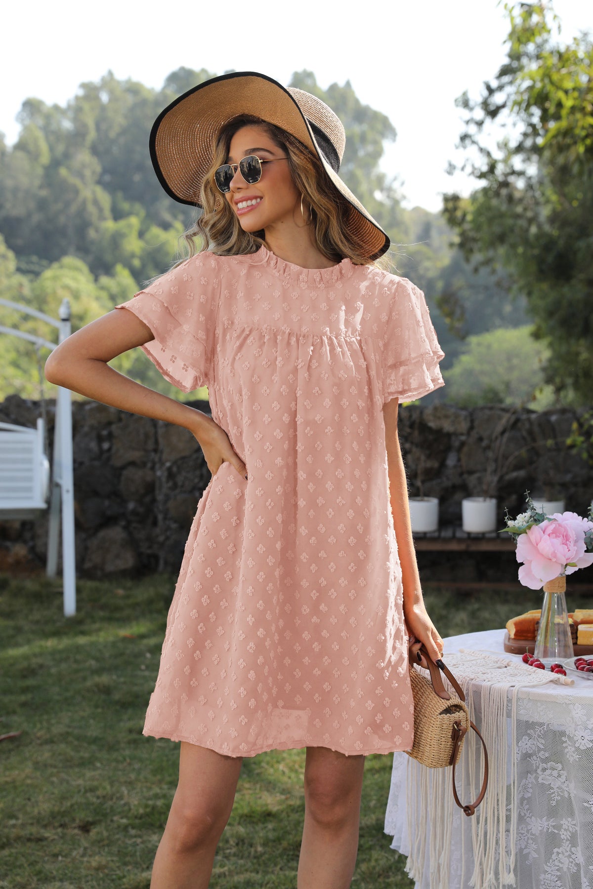 Swiss Dot Ruffle Neck Layered Flutter Sleeve Shift Mini Dress 5