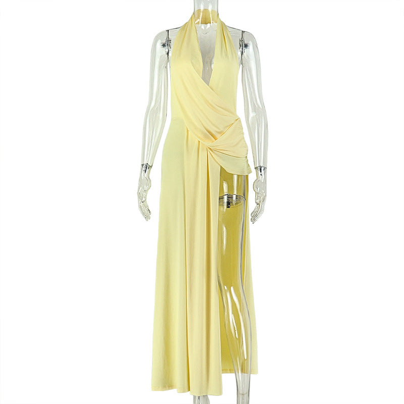 Satin Halter Plunge Neck Cowl Draped Backless High Split Maxi Dress 5