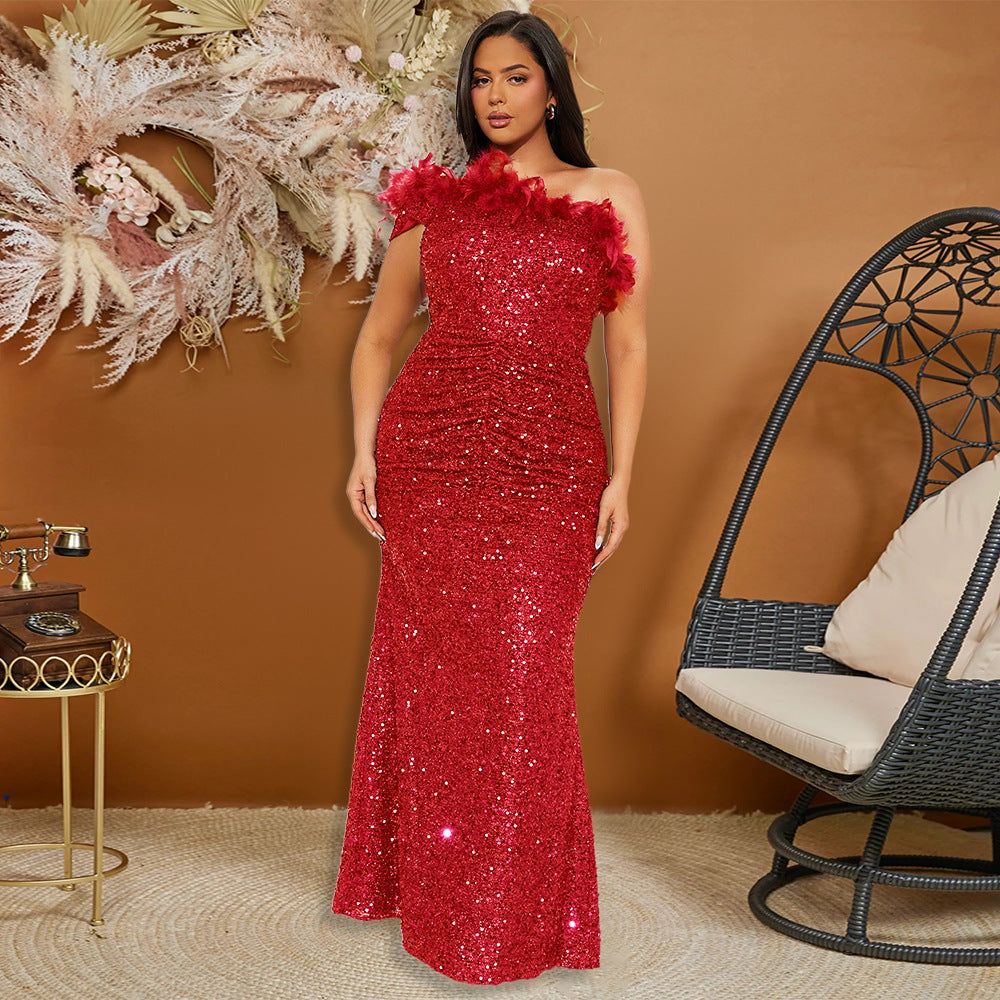 Sequin Feather Trim Strapless Ruched Mermaid Maxi Gown