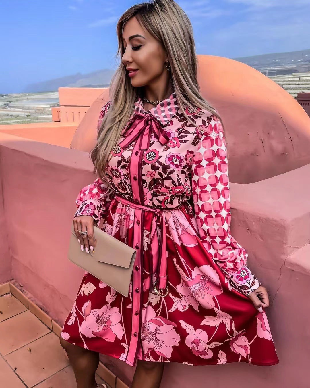 Mixed Print Satin Tie Neck Belted Button Down Long Sleeve Shirt Dress