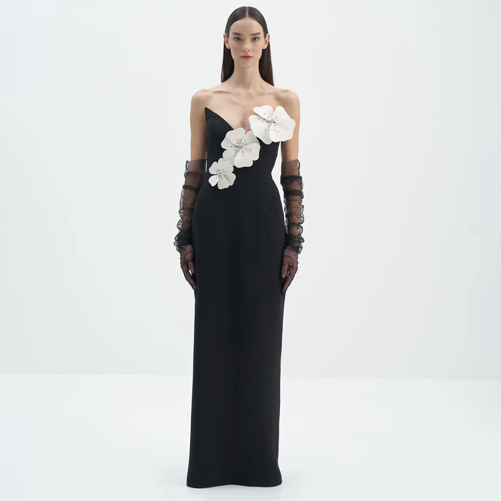 Black Tube Top Dress Floral Diamond Core Split off - Shoulder Design