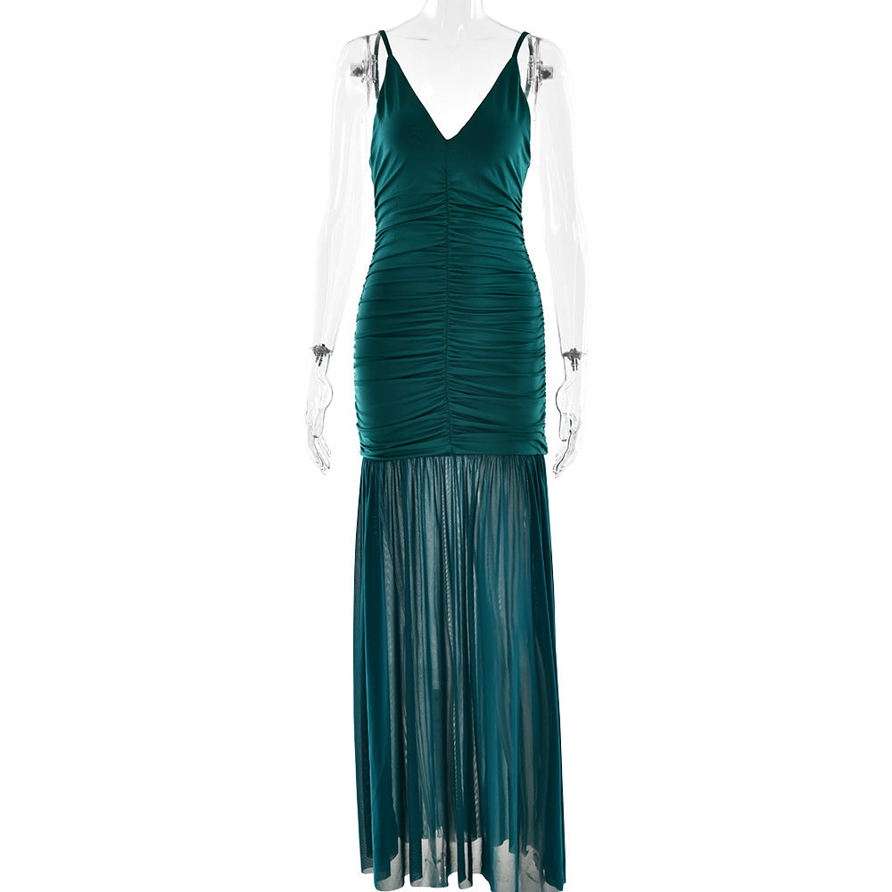 Straps Tulle Deep V Plunge Pleated Stitched Backless Maxi Dress - View 4
