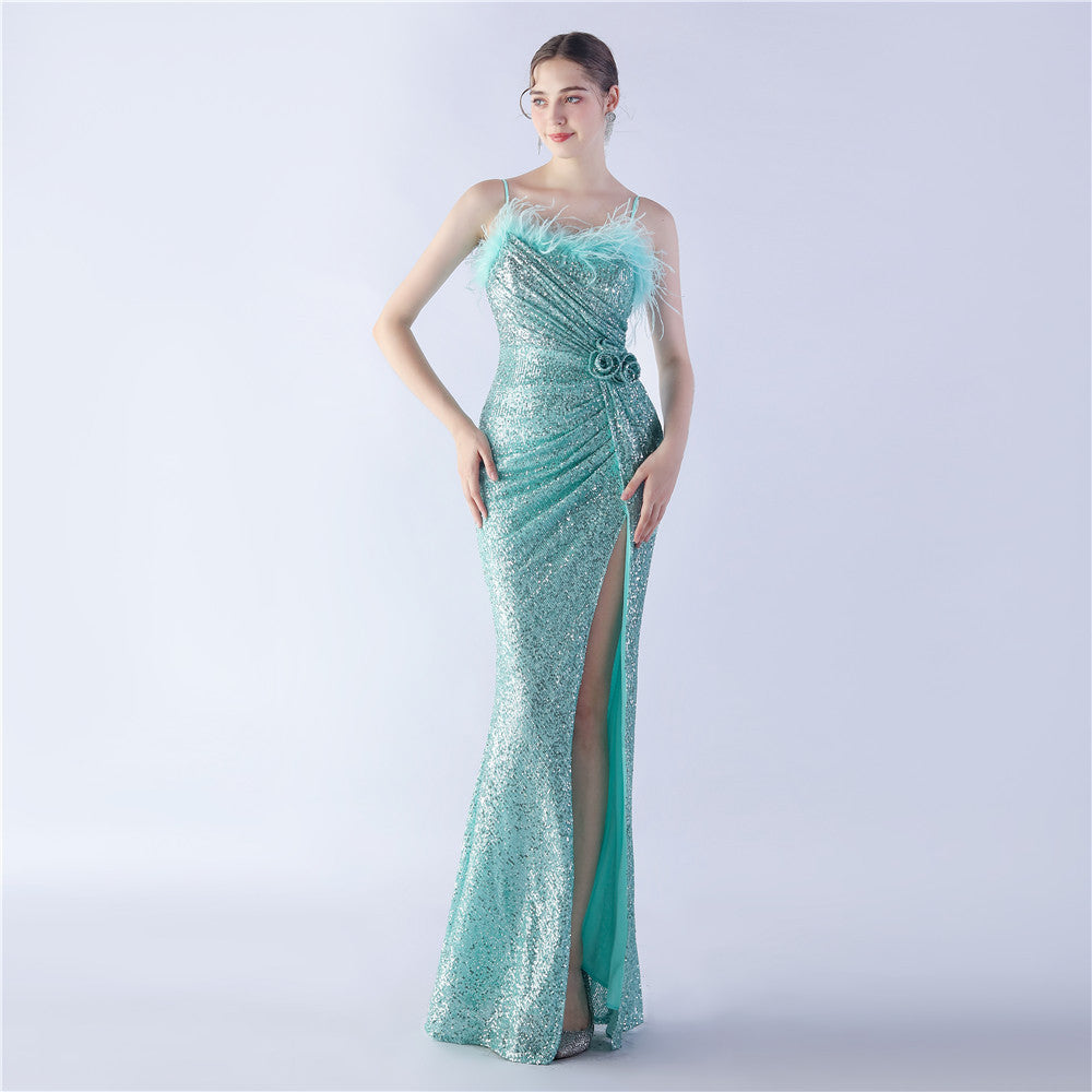 Sequin Spaghetti Strap Feather Trim High Split Mermaid Gown