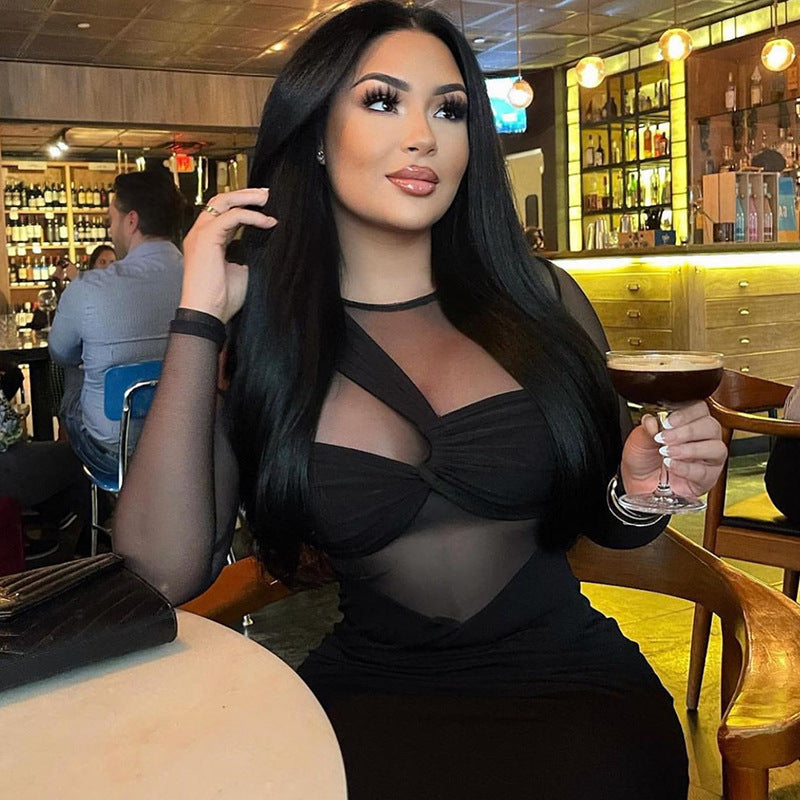 Mesh Long Sleeve Twist Bust Cut Out Bodycon Midi Dress