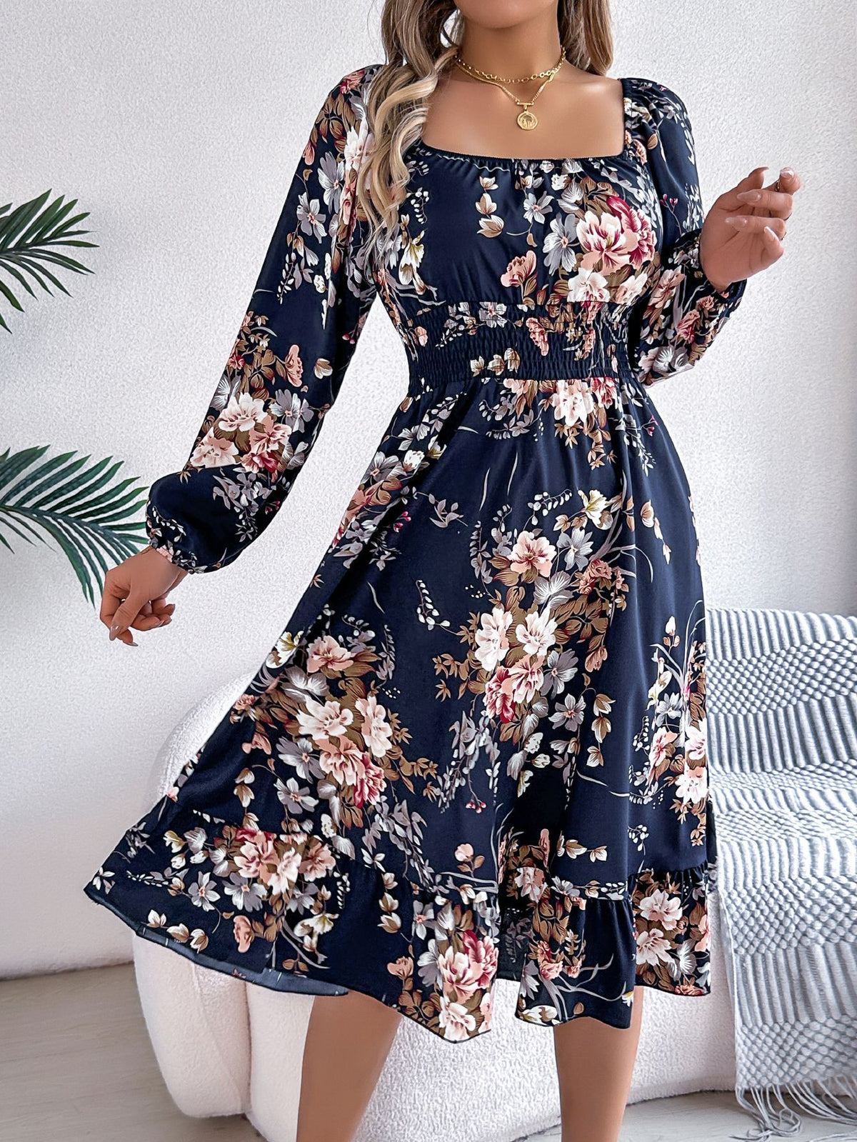 Floral Print Square Neck Long Sleeve Smocked Waist Ruffle Hem Midi Dress 4