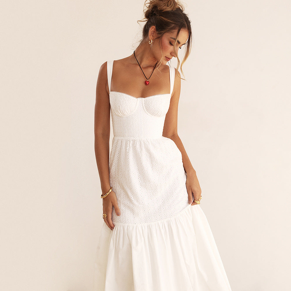 Eyelet Bustier Square Neck Wide Strap Tiered Ruffle Midi Dress