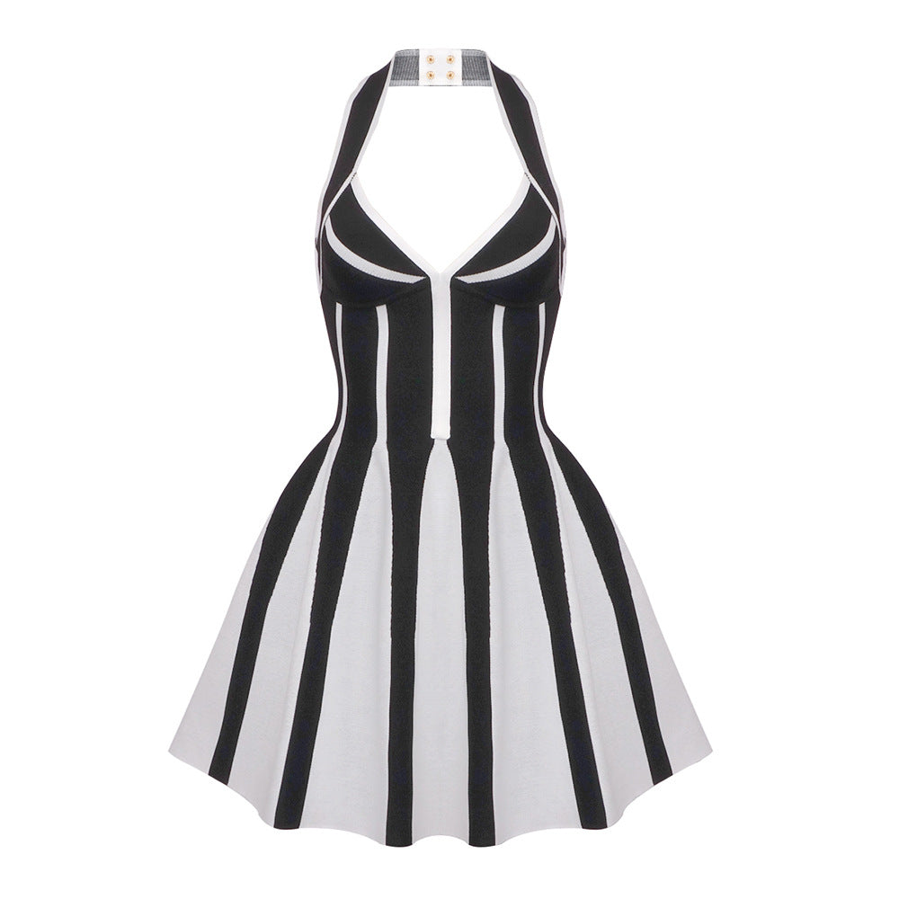 Halter Backless Striped Bandage Midi Dress - View 4