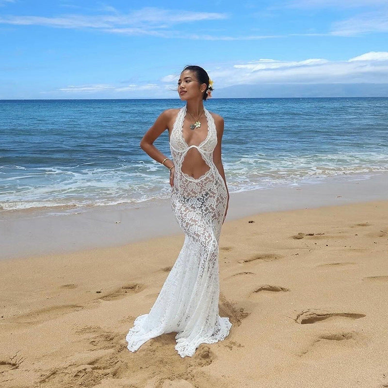 Sheer Lace Halter Neck Cut Out Backless Mermaid Maxi Dress 3