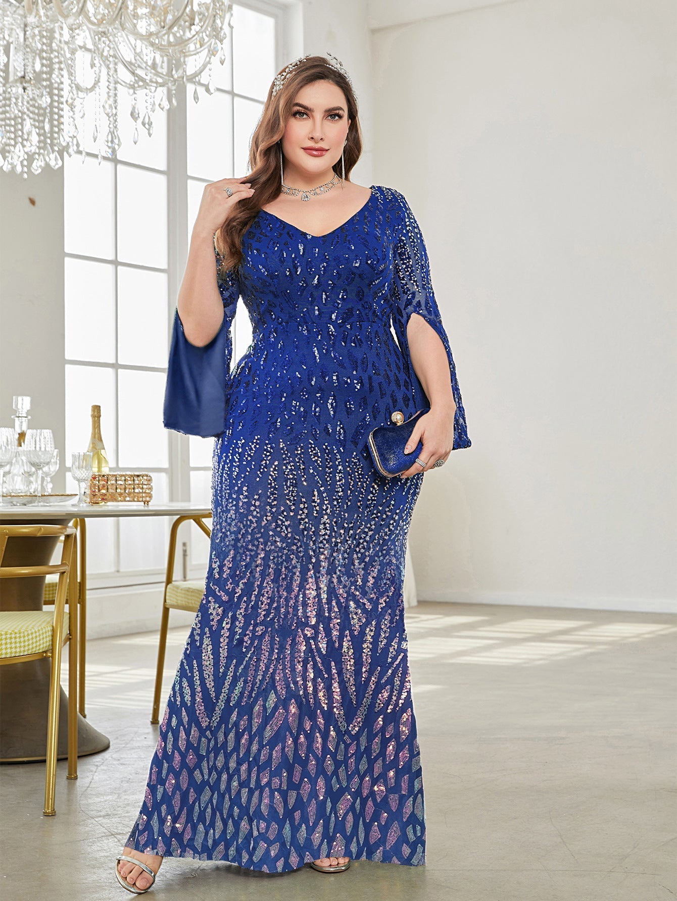 Plus Size Long Sleeve Deep V Plunge Slim Fishtail Evening Dress Cocktail Party Dress