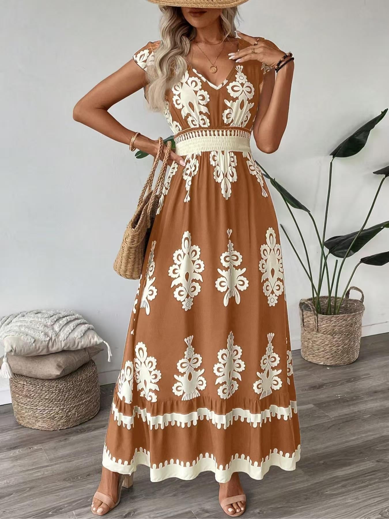 Bohemian Damask Print V-Neck Cap Sleeve Smocked Waist Ruffle Hem Maxi Dress