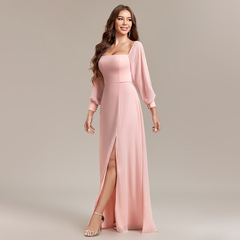 Chiffon Off Shoulder Puff Sleeve High Split A-Line Maxi Dress