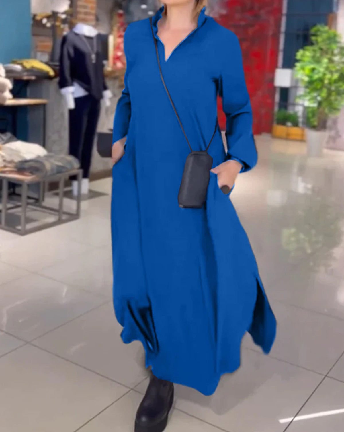 Long Sleeve Stand Collar V-Neck Pocket Side Slit Loose Maxi Dress