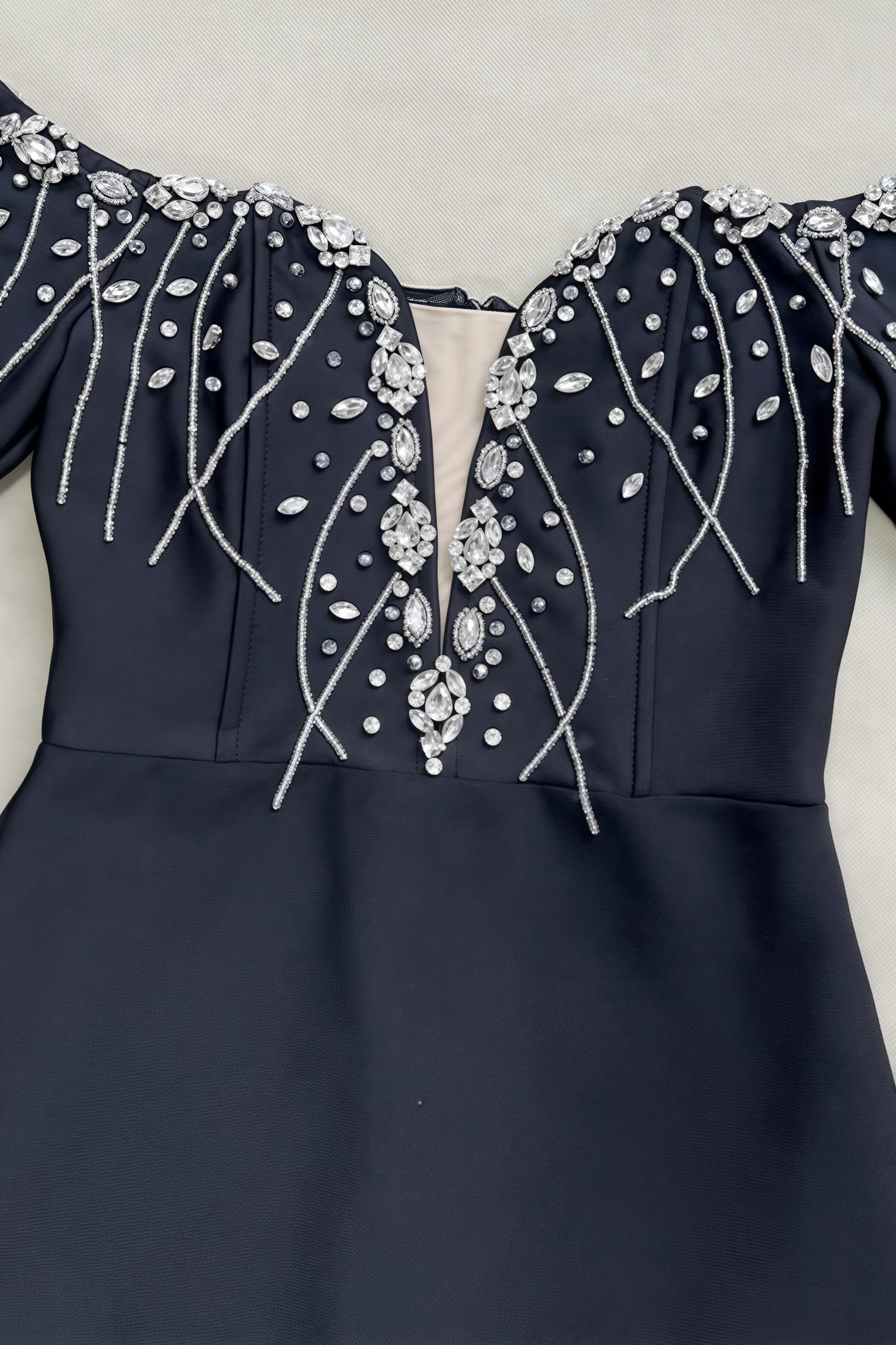 Rhinestone Embroidered Off Shoulder Long Sleeve Deep V-Neck Mesh Maxi Gown