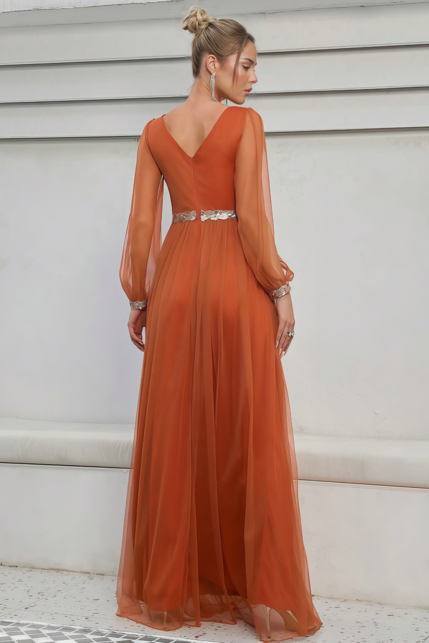 Kole Orange V-neck Mesh Slit Maxi Dress - View 6