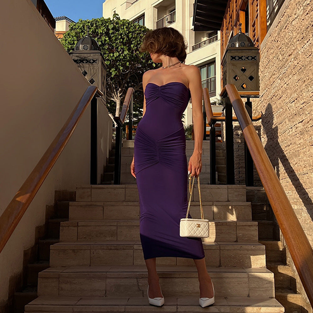 Velvet Strapless Sweetheart Center Ruched Bodycon Maxi Gown
