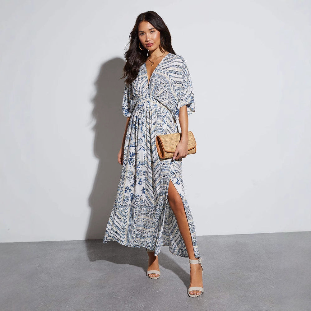 Spring Summer Women Printed Loose Dress Elegant Split Maxi Dress for Women