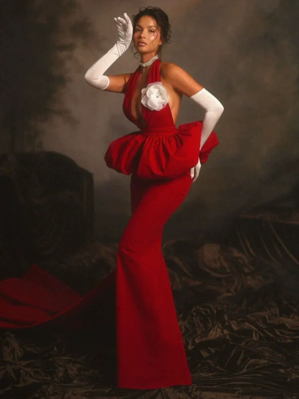 Halter Neck Deep V-Neck Floral Applique Ruffled Peplum Mermaid Train Gown