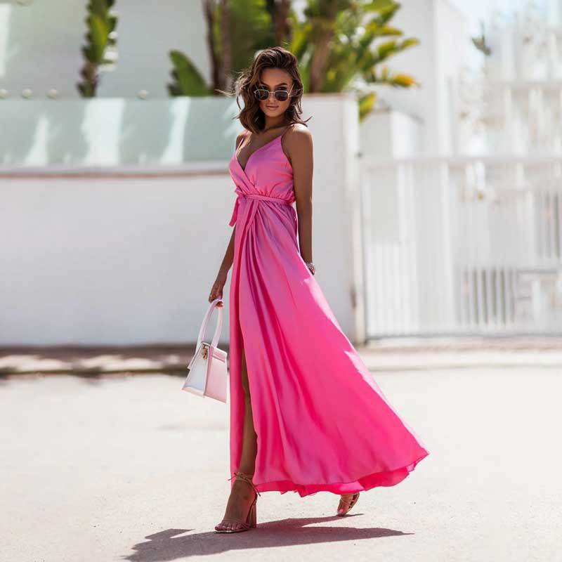 Satin Deep V-Neck Wrap Front Spaghetti Strap High Split Maxi Dress