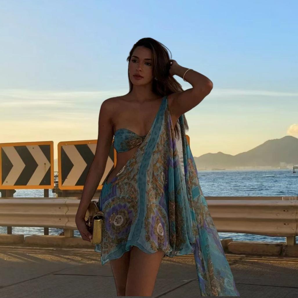 One Shoulder Twist Front Cut Out Flowy Mini Dress