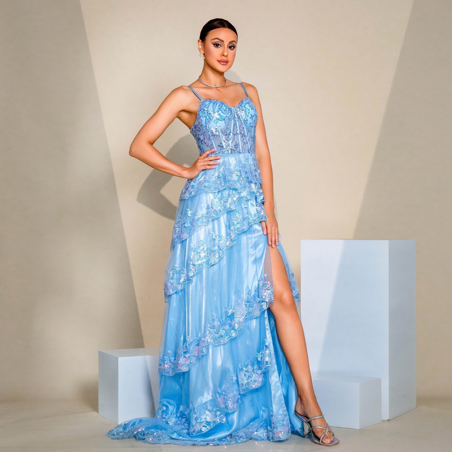 Sequin Square Neck High Split Draped Mermaid Maxi Dress